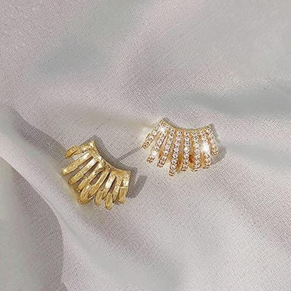 Gold Pavé Cubic Zirconia Multi Row Fan Ear Crawler Climber Earrings
